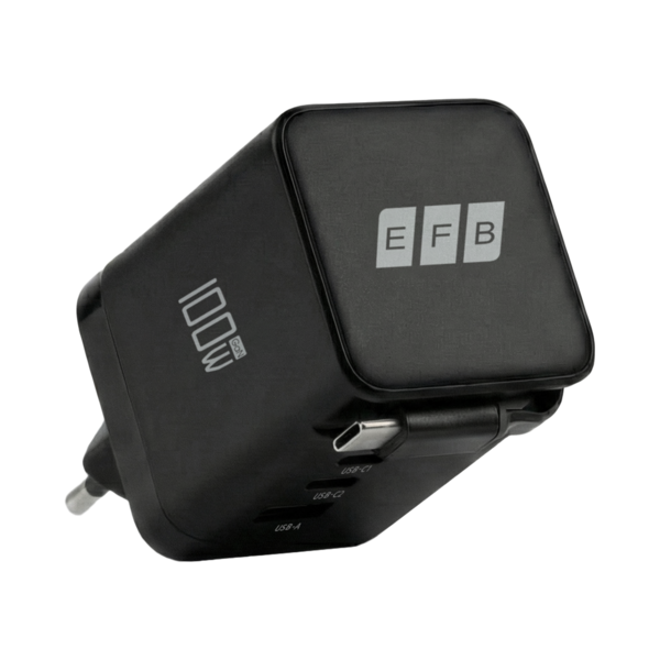 Ladegerät 100W 2xUSB-C +USB-A PD3.0 GaN QC3.0 -- USB-C Kabel ausziehbar 0,7m schwarz