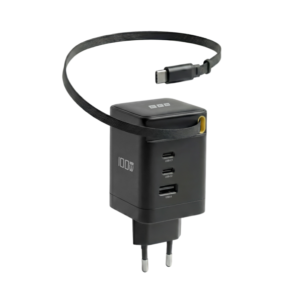 Ladegerät 100W 2xUSB-C +USB-A PD3.0 GaN QC3.0 -- USB-C Kabel ausziehbar 0,7m schwarz