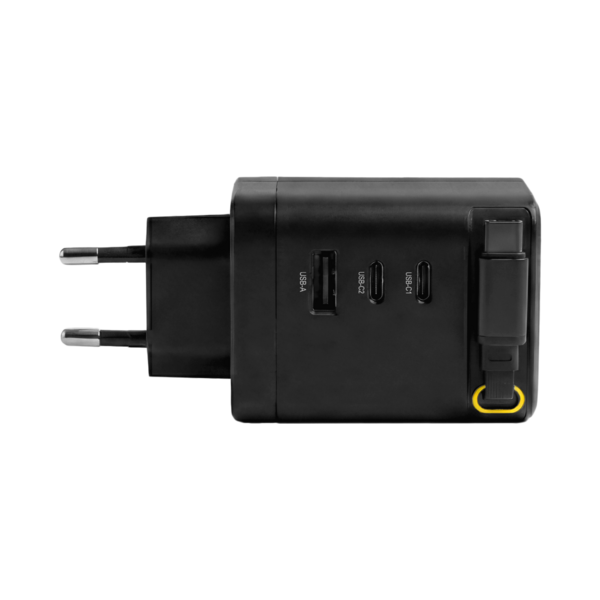 Ladegerät 100W 2xUSB-C +USB-A PD3.0 GaN QC3.0 -- USB-C Kabel ausziehbar 0,7m schwarz