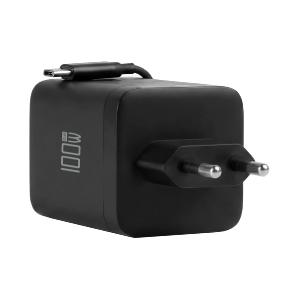 Ladegerät 100W 2xUSB-C +USB-A PD3.0 GaN QC3.0 -- USB-C Kabel ausziehbar 0,7m schwarz
