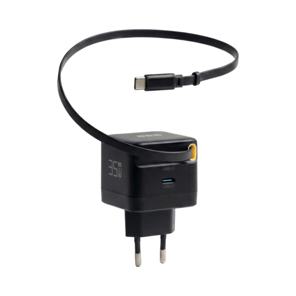 Ladegerät 35W 1xUSB-C PD3.0 GaN QC3.0 -- USB-C Kabel ausziehbar 0,7m schwarz