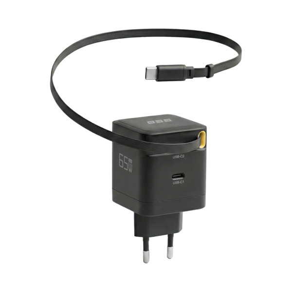 Ladegerät 65W 1xUSB-C PD3.0 GaN QC3.0 -- USB-C Kabel ausziehbar 0,7m schwarz