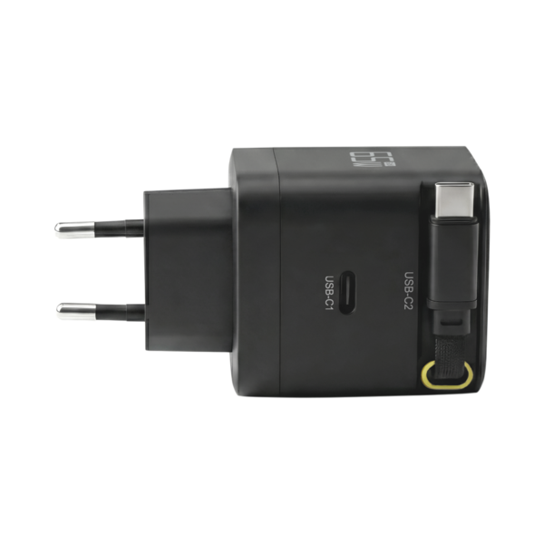 Ladegerät 65W 1xUSB-C PD3.0 GaN QC3.0 -- USB-C Kabel ausziehbar 0,7m schwarz