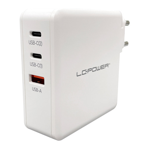 LC-Power LC-GAN-100, USB-Netzteil GaN, 2x USB-C, 1x USB-A, 100W, weiß