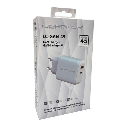 LC-Power LC-GAN-45, USB-Netzteil GaN, 1x USB-C, 1x USB-A, 45W, weiß