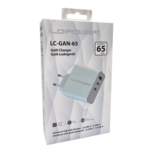 LC-Power LC-GAN-65, USB-Netzteil GaN, 2x USB-C, 1x USB-A, 65W, weiß