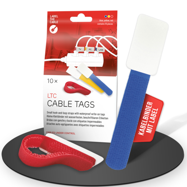LTC CABLE TAGS Klettkabelbinder mit Beschriftung, 10 Stk Set 4xrot 3xblau 3xgelb
