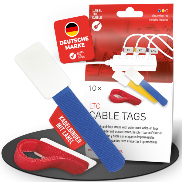 LTC CABLE TAGS Klettkabelbinder mit Beschriftung, 10 Stk Set 4xrot 3xblau 3xgelb