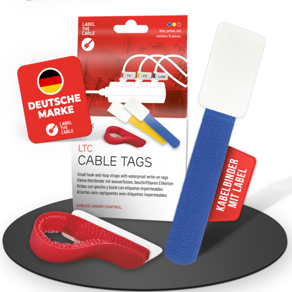LTC CABLE TAGS Klettkabelbinder mit Beschriftung, 10 Stk Set 4xrot 3xblau 3xgelb