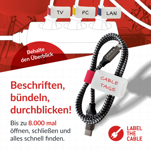 LTC CABLE TAGS Klettkabelbinder mit Beschriftung, 10 Stk Set 4xrot 3xblau 3xgelb