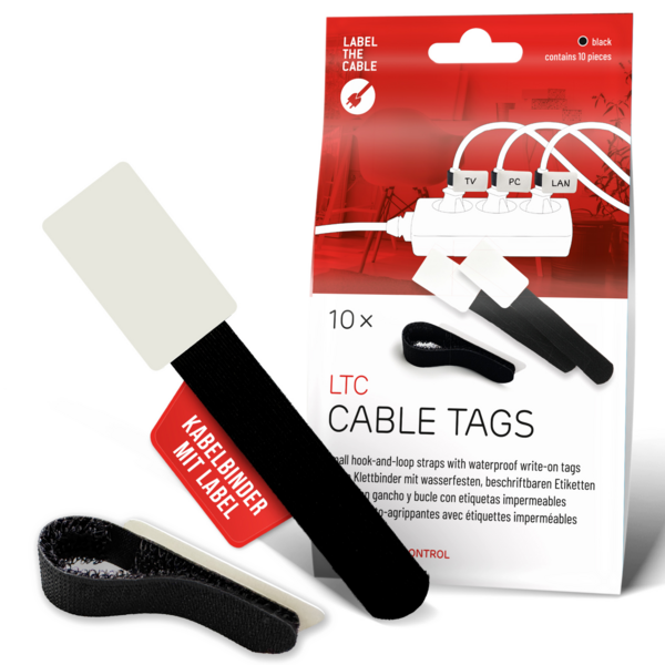 LTC CABLE TAGS Klettkabelbinder mit Beschriftung, 10 Stk Set schwarz Kabelmanagement