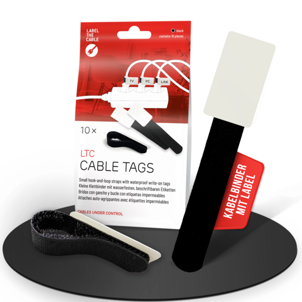 LTC CABLE TAGS Klettkabelbinder mit Beschriftung, 10 Stk Set schwarz