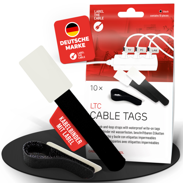 LTC CABLE TAGS Klettkabelbinder mit Beschriftung, 10 Stk Set schwarz