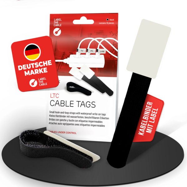 LTC CABLE TAGS Klettkabelbinder mit Beschriftung, 10 Stk Set schwarz