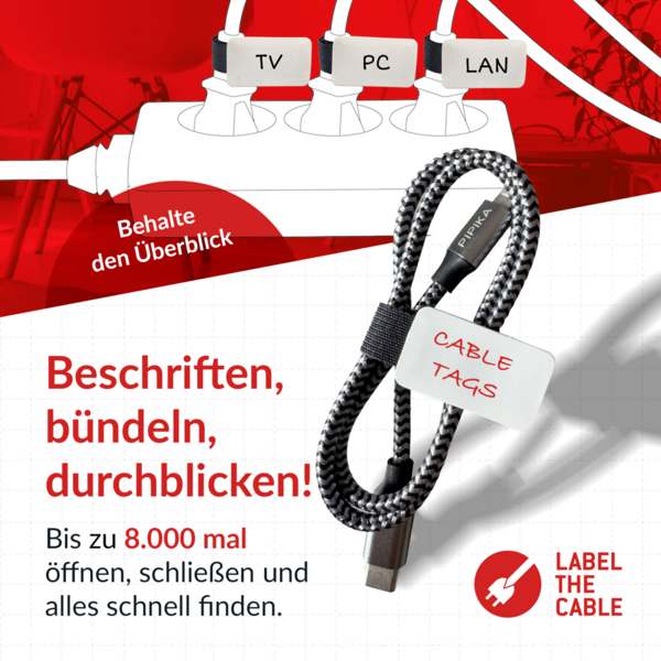 LTC CABLE TAGS Klettkabelbinder mit Beschriftung, 10 Stk Set schwarz
