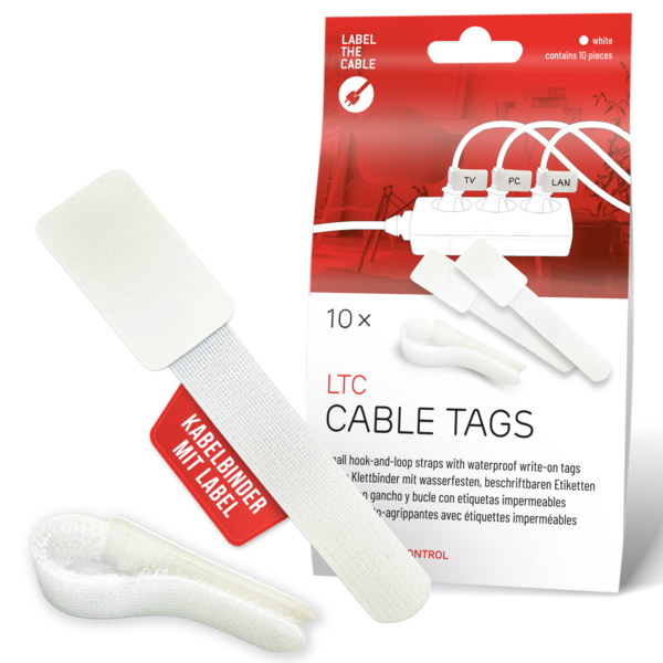LTC CABLE TAGS Klettkabelbinder mit Beschriftung, 10 Stk Set weiß Kabelmanagement