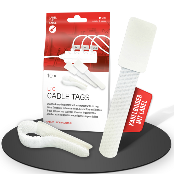 LTC CABLE TAGS Klettkabelbinder mit Beschriftung, 10 Stk Set weiß