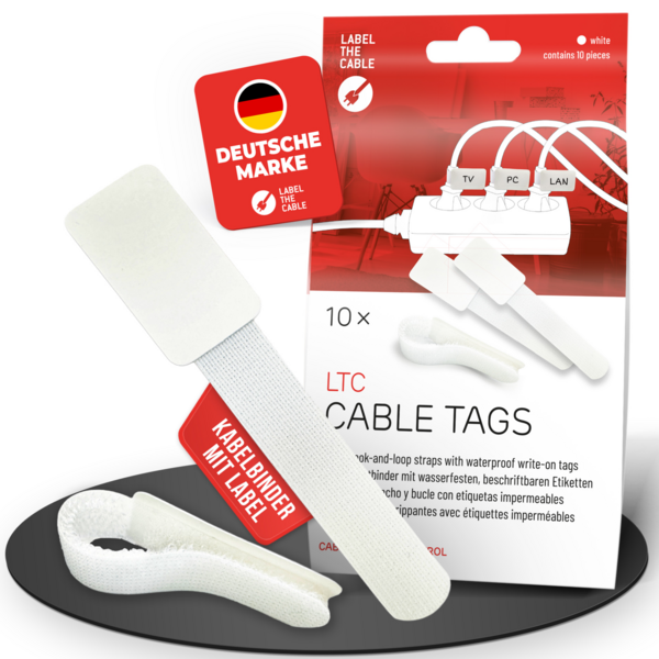 LTC CABLE TAGS Klettkabelbinder mit Beschriftung, 10 Stk Set weiß