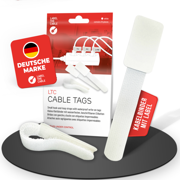 LTC CABLE TAGS Klettkabelbinder mit Beschriftung, 10 Stk Set weiß