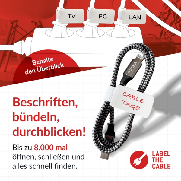 LTC CABLE TAGS Klettkabelbinder mit Beschriftung, 10 Stk Set weiß