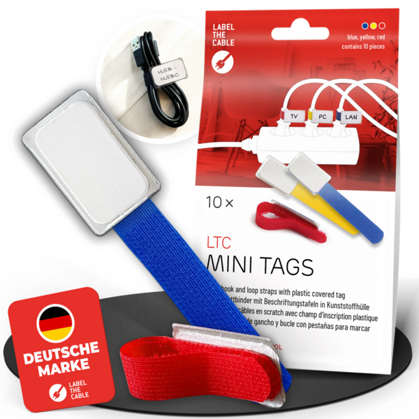 LTC MINI TAGS Kleine Klettkabelbinder mit -- Beschriftungstafeln 10 Stk Set ge/bl/rt