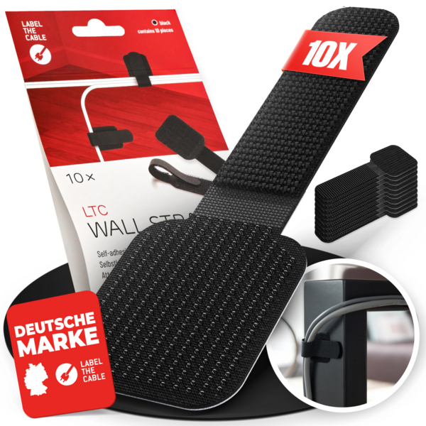 LTC WALL STRAPS Selbstklebende Klettkabelhalter -- 10 Stück Set schwarz