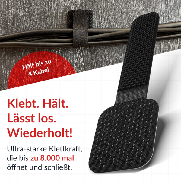LTC WALL STRAPS Selbstklebende Klettkabelhalter -- 10 Stück Set schwarz