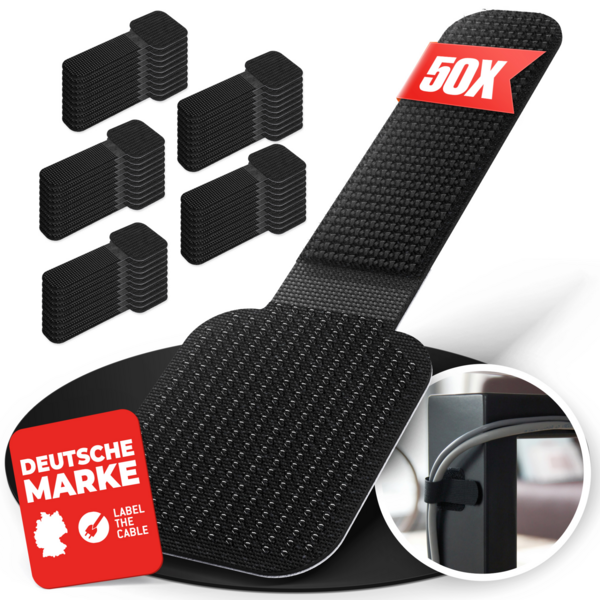LTC WALL STRAPS Selbstklebende Klettkabelhalter, 50 Stück Set schwarz