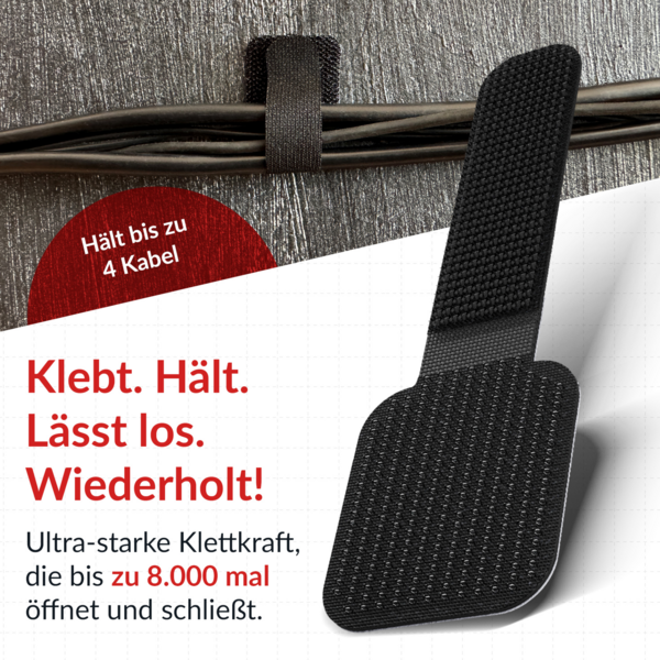 LTC WALL STRAPS Selbstklebende Klettkabelhalter, 50 Stück Set schwarz
