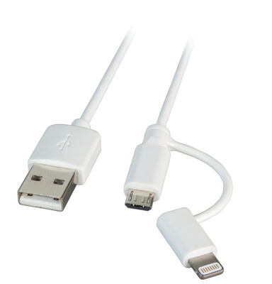 MFI USB2.0 Kabel Typ-A - 2 in 1 Stecker -- - Micro-B / Lightning, 1,0m, weiß