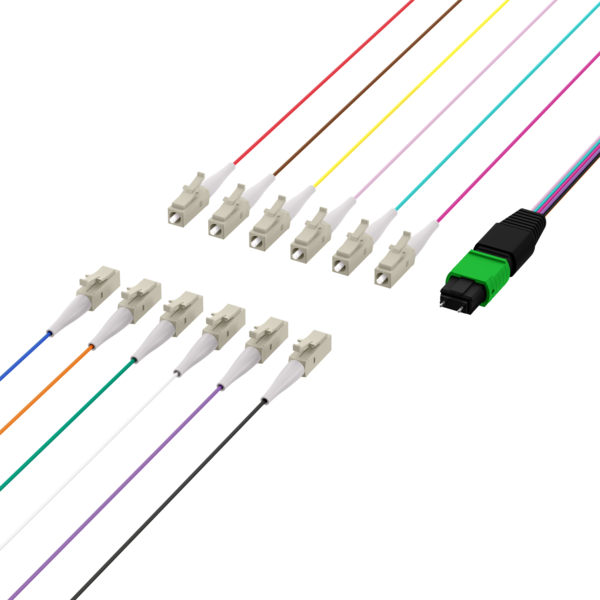 MTP®/APC(M)-LC/APC Fanoutkabel OS2 12 Fasern, Typ B LSZH gelb 1m