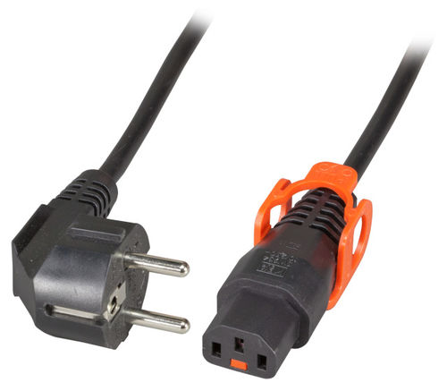Netzkabel Schutzkontakt 90° auf IEC Lock+ C13 180°, schwarz, 2 m