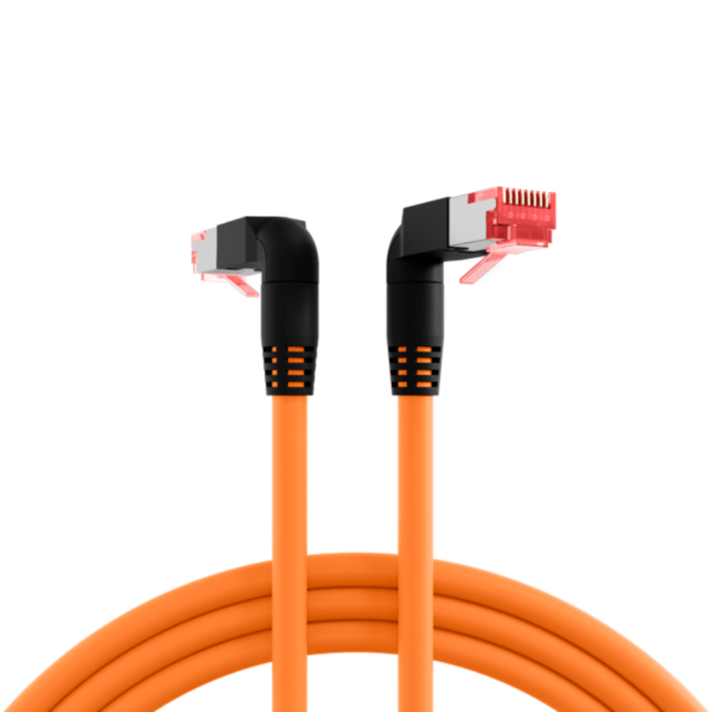 Patchkabel  RJ45 Patchkabel Cat.6A S/FTP LSZH, Draka UC900 TM21 2x90° orange 1m - 1 VPE = 5 Stück Patchkabel