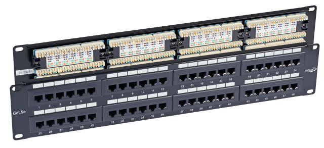 Patchpanel 48xRJ45 Cat.5e UTP schwarz, 2HE, 180° Patchpanel 48xRJ45 Cat.5e UTP schwarz, 2HE, 180°