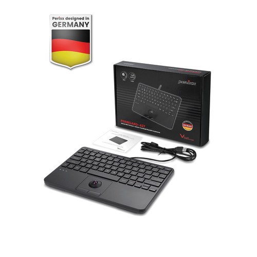 Perixx PERIBOARD-427 H DE, USB-Mini-Tastatur, Trackball, Hintergrundbeleuchtung