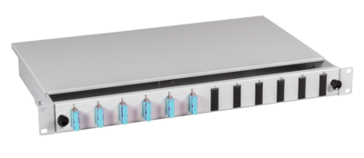 Spleißbox SC 50/125µm OM4 ausziehbar, 12 -- Pigtails abgesetzt / 6 Kupplungen