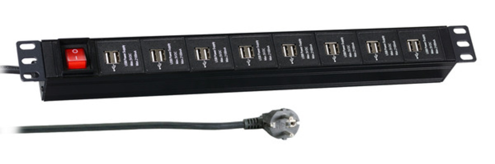 Steckdosenleisten 19? 1HE Steckdosenleiste 16 x USB mit, Schalter, schwarz - 1 VPE = 6 Stück Steckdosenleisten
