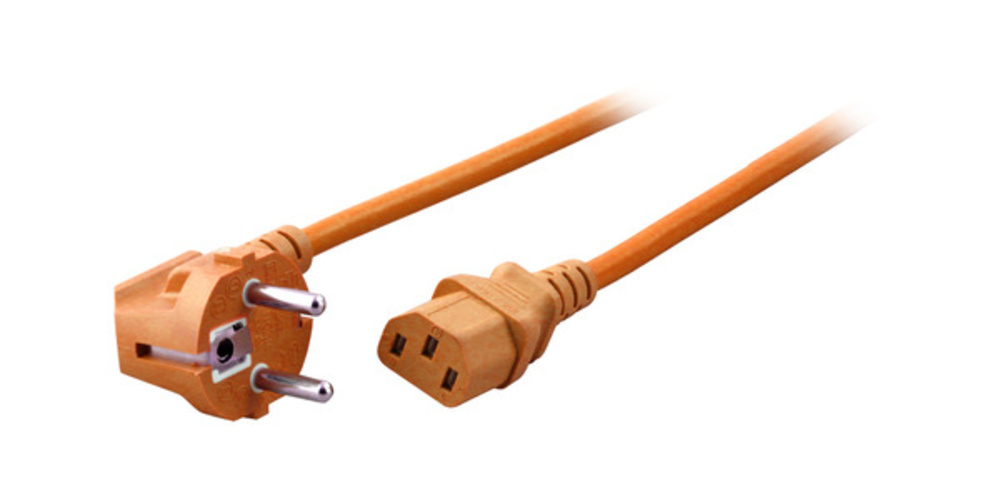 Stromkabel Netzleitung Schutzkontakt 90° - C13, 180°, orange, 3,0 m, 3 x 1,00 mm² - 1 VPE = 10 Stück Stromkabel