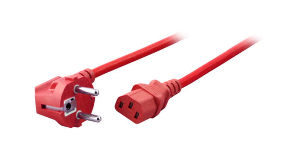 Stromkabel Netzleitung Schutzkontakt 90° - C13, 180°, rot, 3,0 m, 3 x 1,00 mm² - 1 VPE = 10 Stï¿½ck Stromkabel