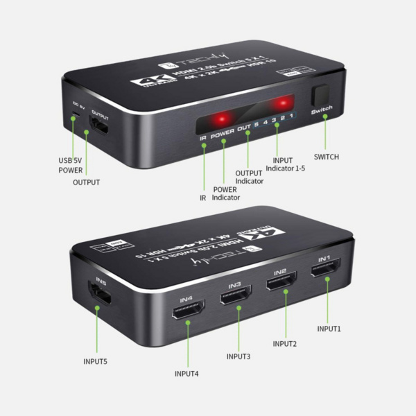 Techly 4K 5in 1out HDMI 2.0b Switch  -- HDR HDCP2.2 mit Fernbedienung