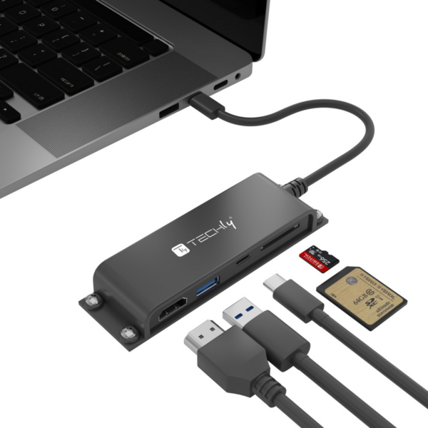 Techly Docking Station 5 in 1 -- USB-C HDMI Hub mit Micro SD/SD Reader
