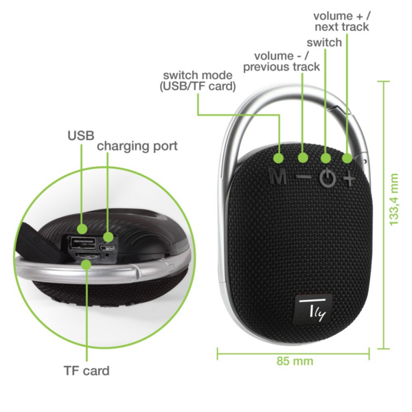 Techly Mini Wireless Speaker BT V5.3  -- Speaker LED Light Handsfree TF USB Black