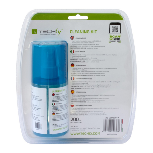 Techly Reinigungskit für Monitor, 200ml mit Mikrofasertuch und Bürste