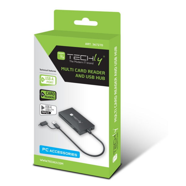 Techly SD/TF Smartcard Speicherleser -- 3x USB Port Hub