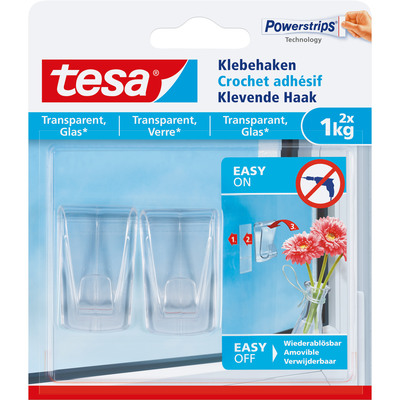 tesa Klebehaken, 2 Stück, für transparente Oberflächen und Glas, bis zu 1kg pro Haken, transparent