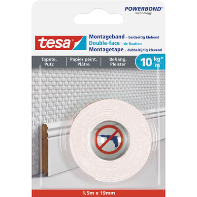 tesa Montageband, 1,5m x 19mm, für Tapeten und Putz, bis zu 10kg/m, weiß