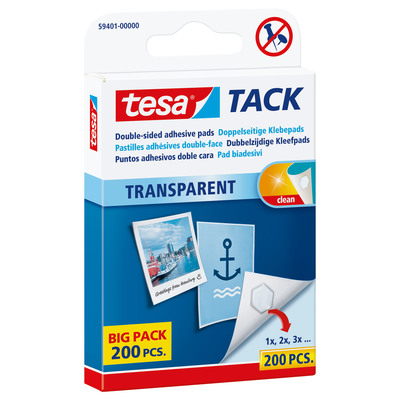 tesa TACK Klebepads, 200 Stück, wiederverwendbar, transparent