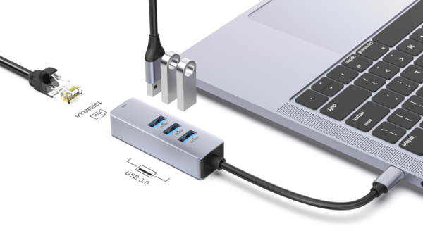 USB 3.0 Hub, 3-Port, 3x USB-A + 1x Gigabit LAN, Alu, passiv, USB-C
