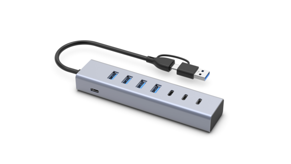 USB 3.0 Hub 7-Port, 4x USB-A + 3x USB-C, 5Gbps, Alu, 15w Netzteil, USB-C/USB-A