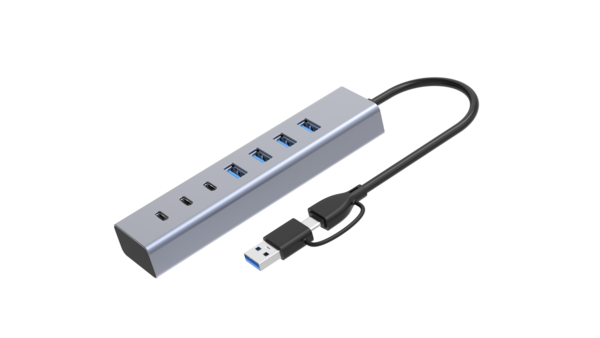 USB 3.0 Hub 7-Port, 4x USB-A + 3x USB-C, 5Gbps, Alu, 15w Netzteil, USB-C/USB-A